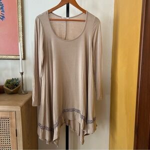 Easel Embroidered Tunic Dress Boho Asymmetrical Hem Bohemian Tan Beige Size S